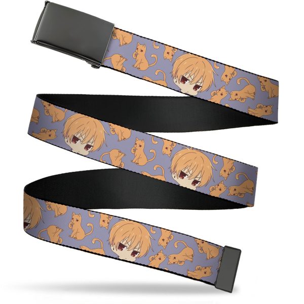 Web Belt Blank Black Buckle - Fruits Basket Chibi Kyo Soma and Cat Scattered Blue Orange Webbing Online Hot Sale