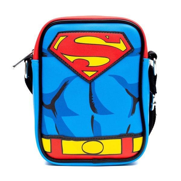 DC Comics Vegan Leather Crossbody Bag with Adjustable Straps, Superman Character Close Up with Super Logo and Belt Appliques, Blue For Discount