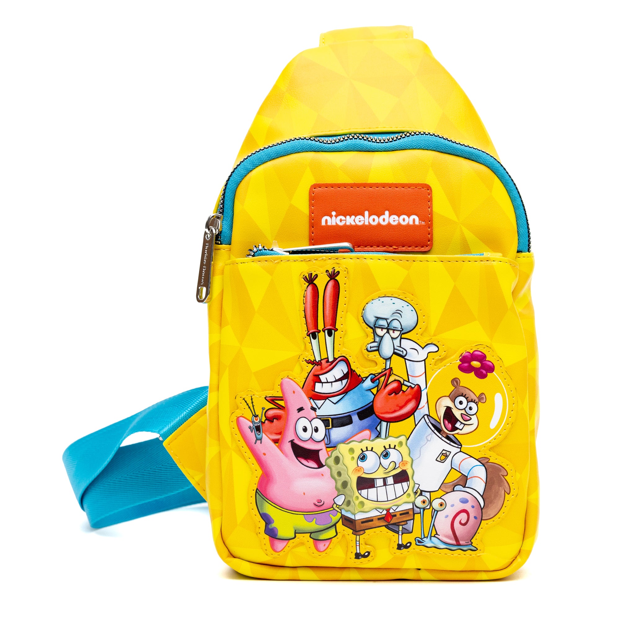 Nickelodeon Vegan Leather Crossbody Sling Bag with Adjustable Straps, SpongeBob SquarePants and Friends Pose Applique, Yellow Hot on Sale